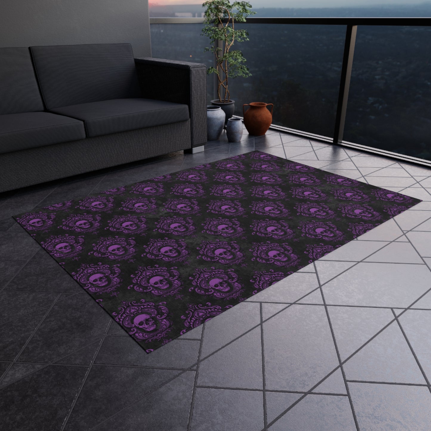 Gothic Purple Skulls, Victorian Glam Goth, Dark Academia Anti-Slip Indoor/Outdoor Accent Rug