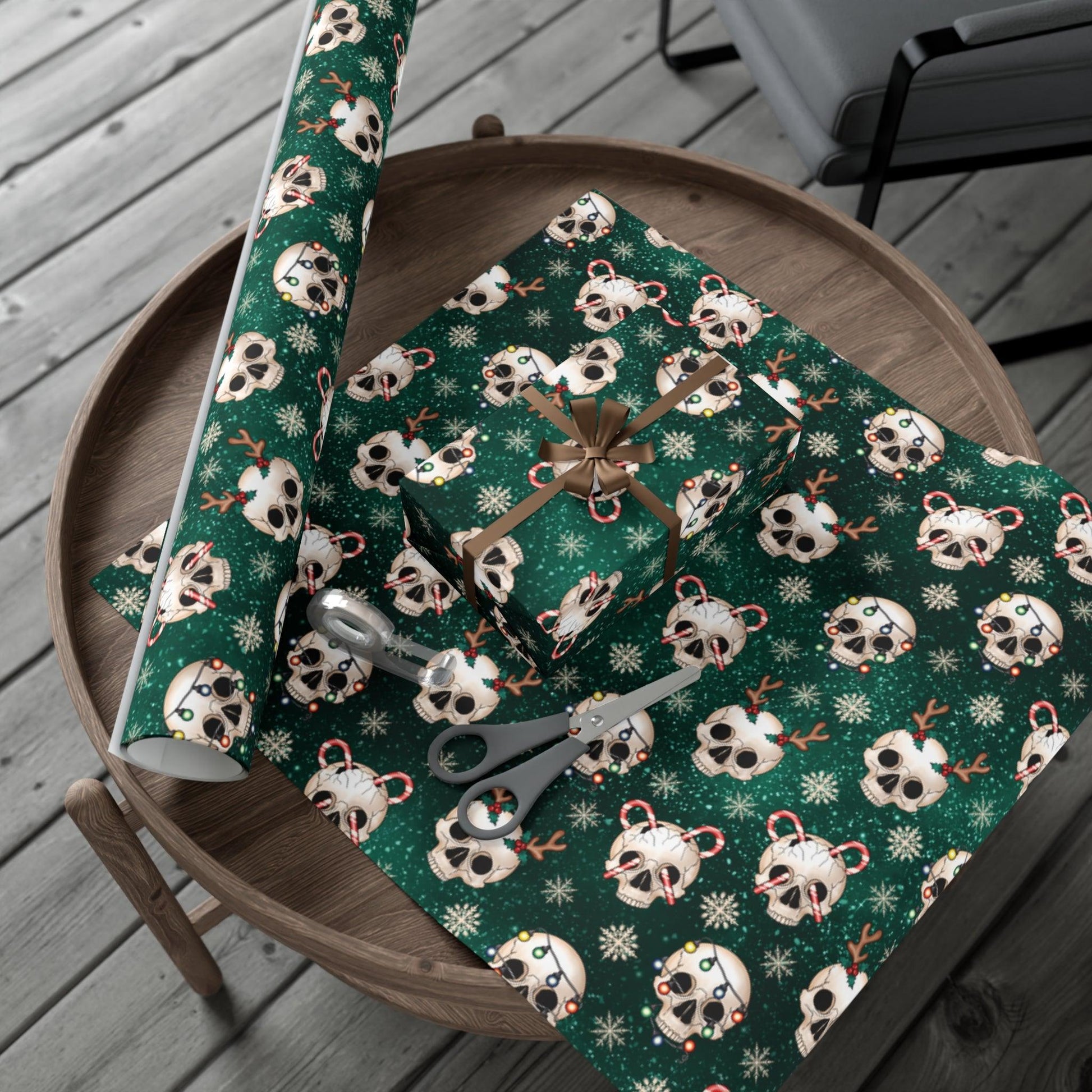Goth Christmas Skulls Festive Green Creepmas Eco-Friendly Gift Wrap | lovevisionkarma.com