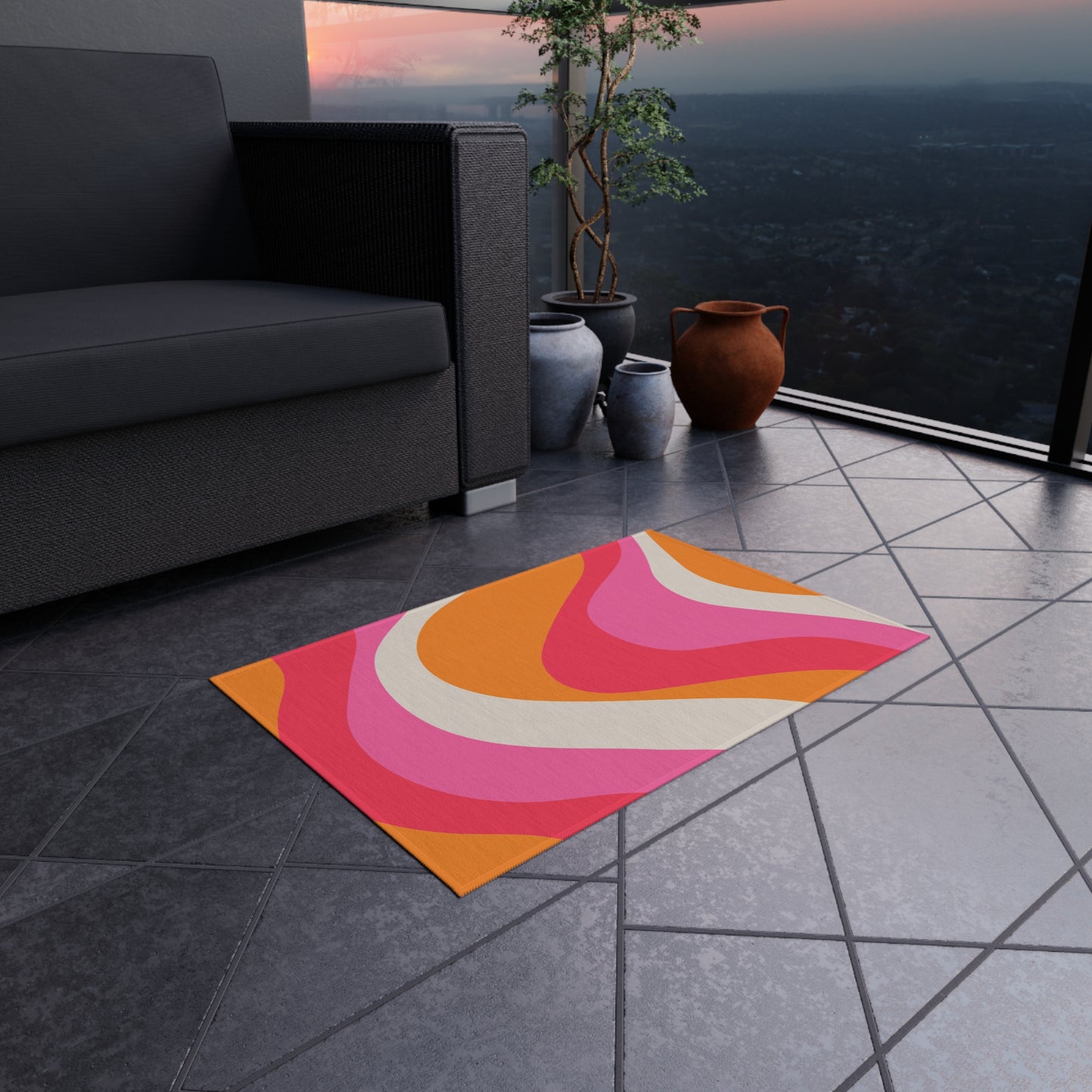 Groovy 60's Retro Mid Century Mod Swirl Pink, Orange & Cream Indoor/Outdoor Anti-Slip Accent Rug