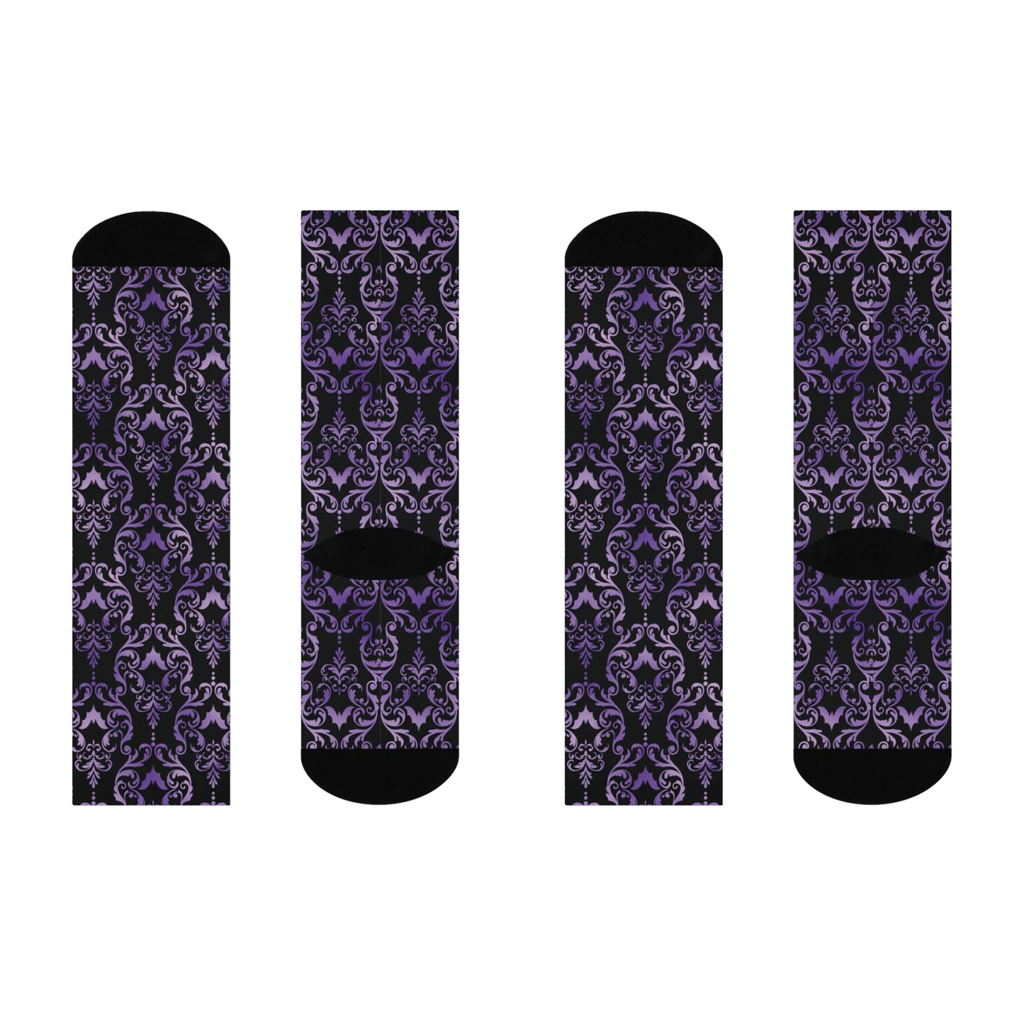 Dark Academia Damask Bat, Victorian Goth Inspired Purple & Black Glam Goth Cushioned Crew Socks