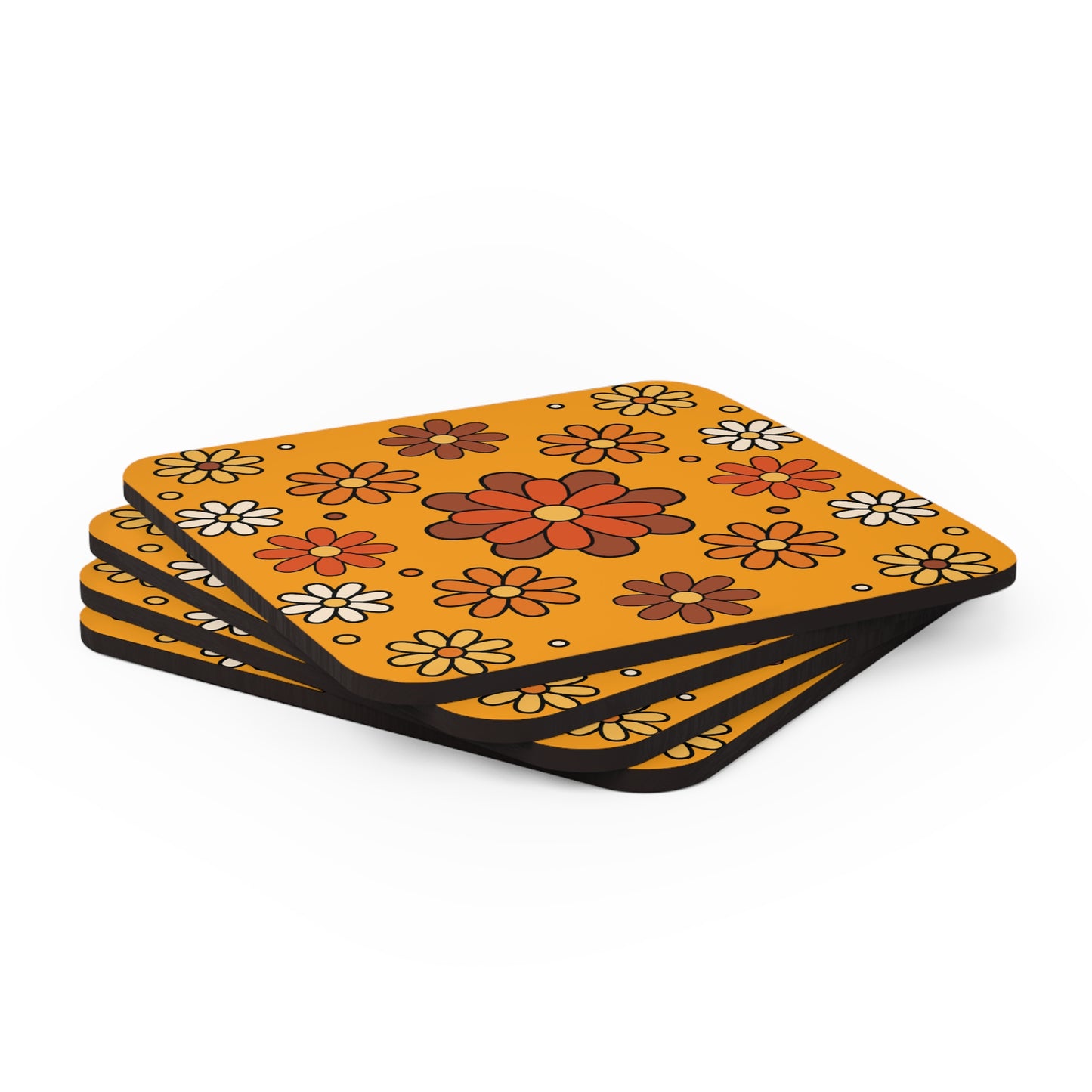 Retro 60s 70s Groovy Mod Daisy Mid Century Orange, Brown & Mustard Coaster Set