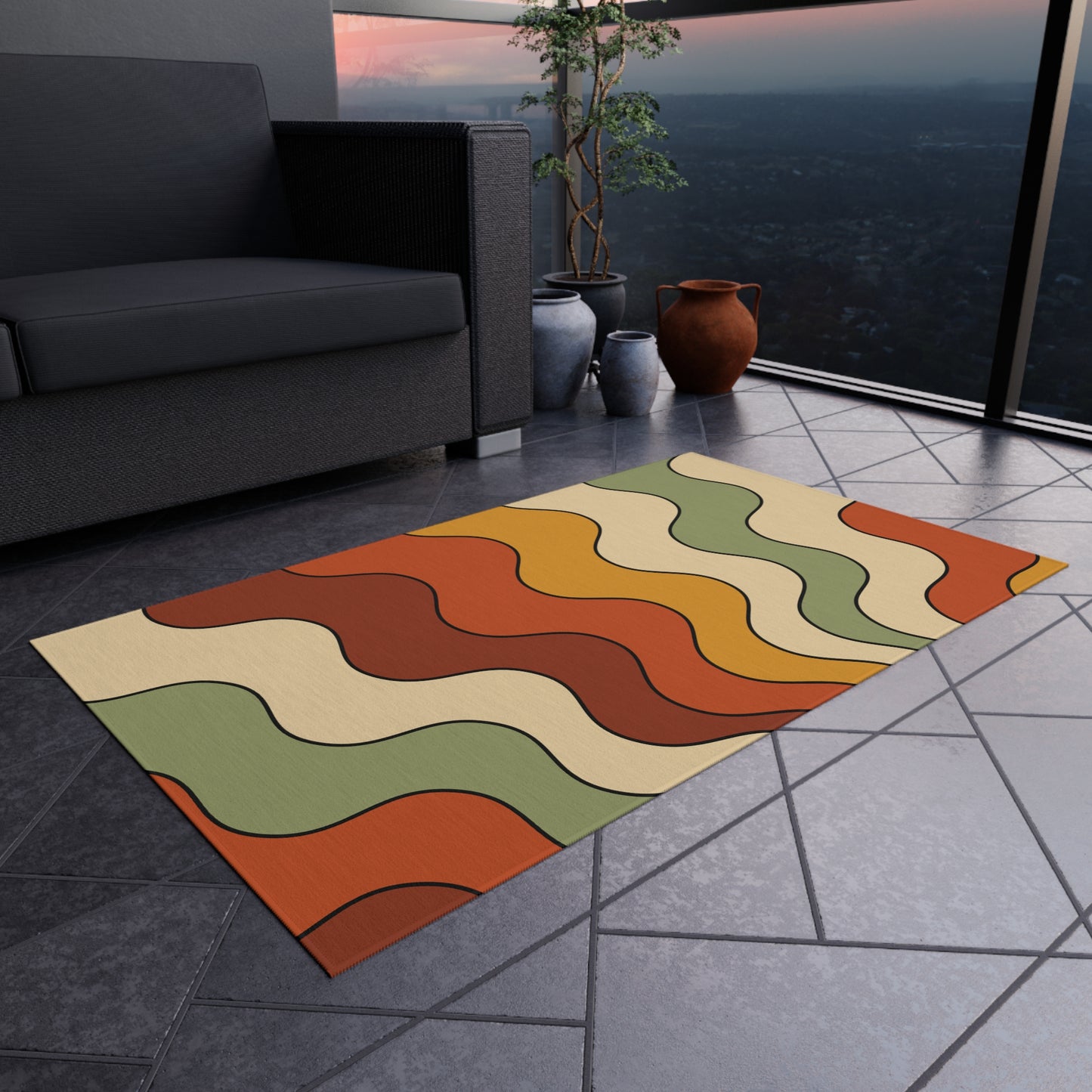 Groovy Retro 60s 70s Wavy Rainbow Mid Century Mod Multicolor Indoor/Outdoor Accent Rug