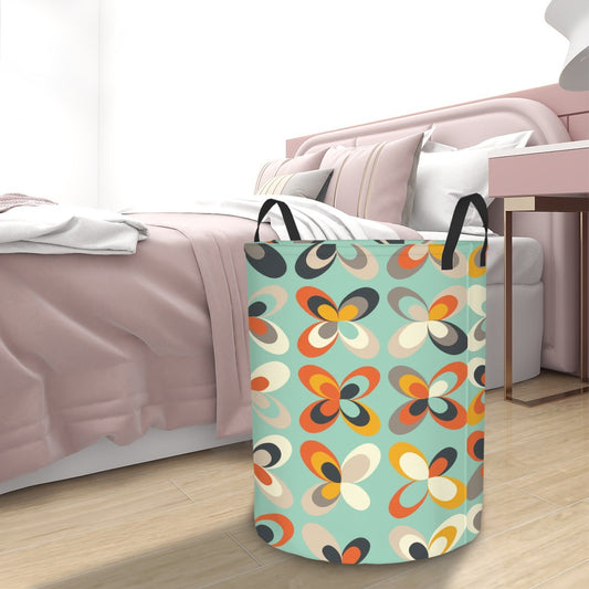 Retro Scandi MCM Danish Flowers Mint Green Round Laundry Hamper