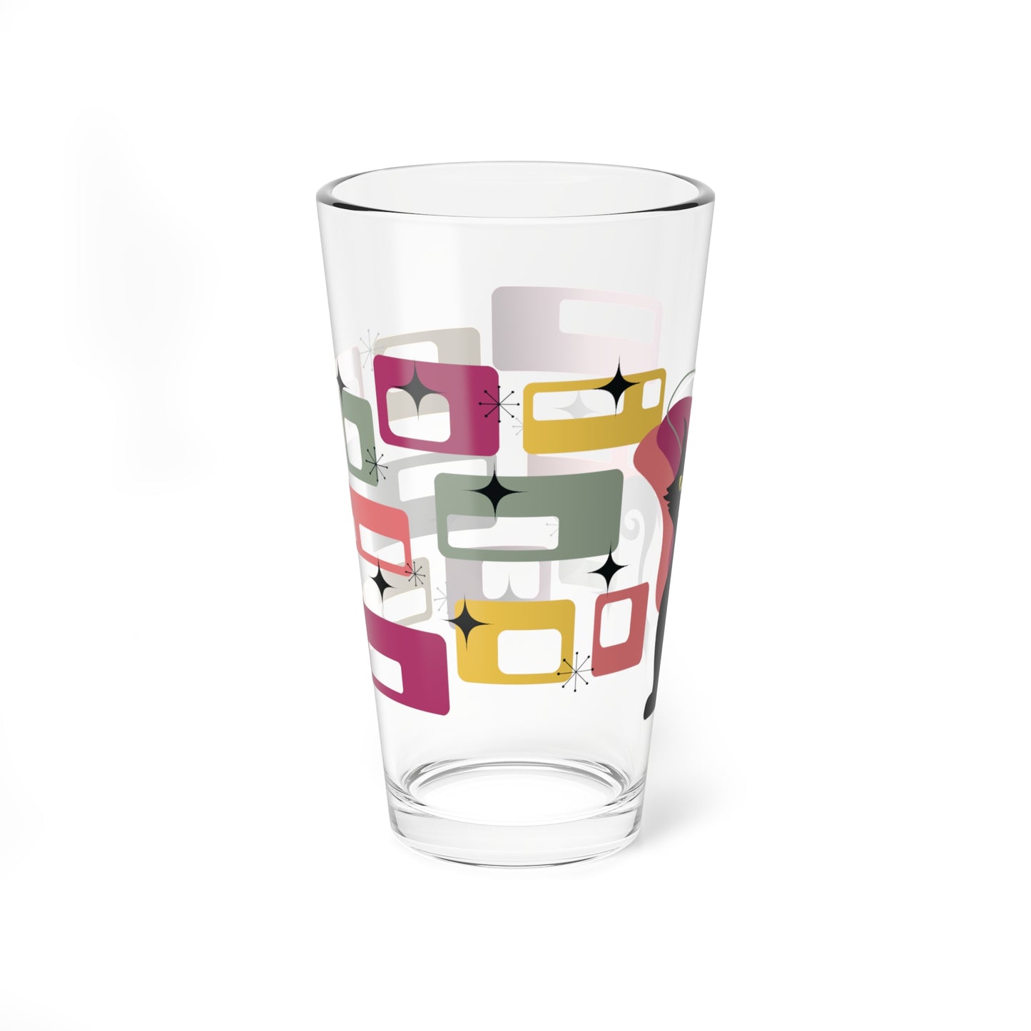 Retro 50s Atomic Black Cat Mid Century Modern Pink, Green & Yellow Pint Glass