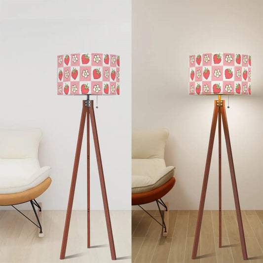 Retro Strawberry & Daisy Cottagecore Whimsy Aesthetic Red, Pink & White Tripod Floor Lamp