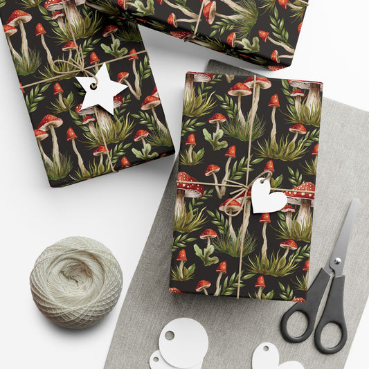 Amanita Muscaria Mushroom, Dark Cottagecore Watercolor Style Black, Red & Green Eco-Friendly Gift Wrap