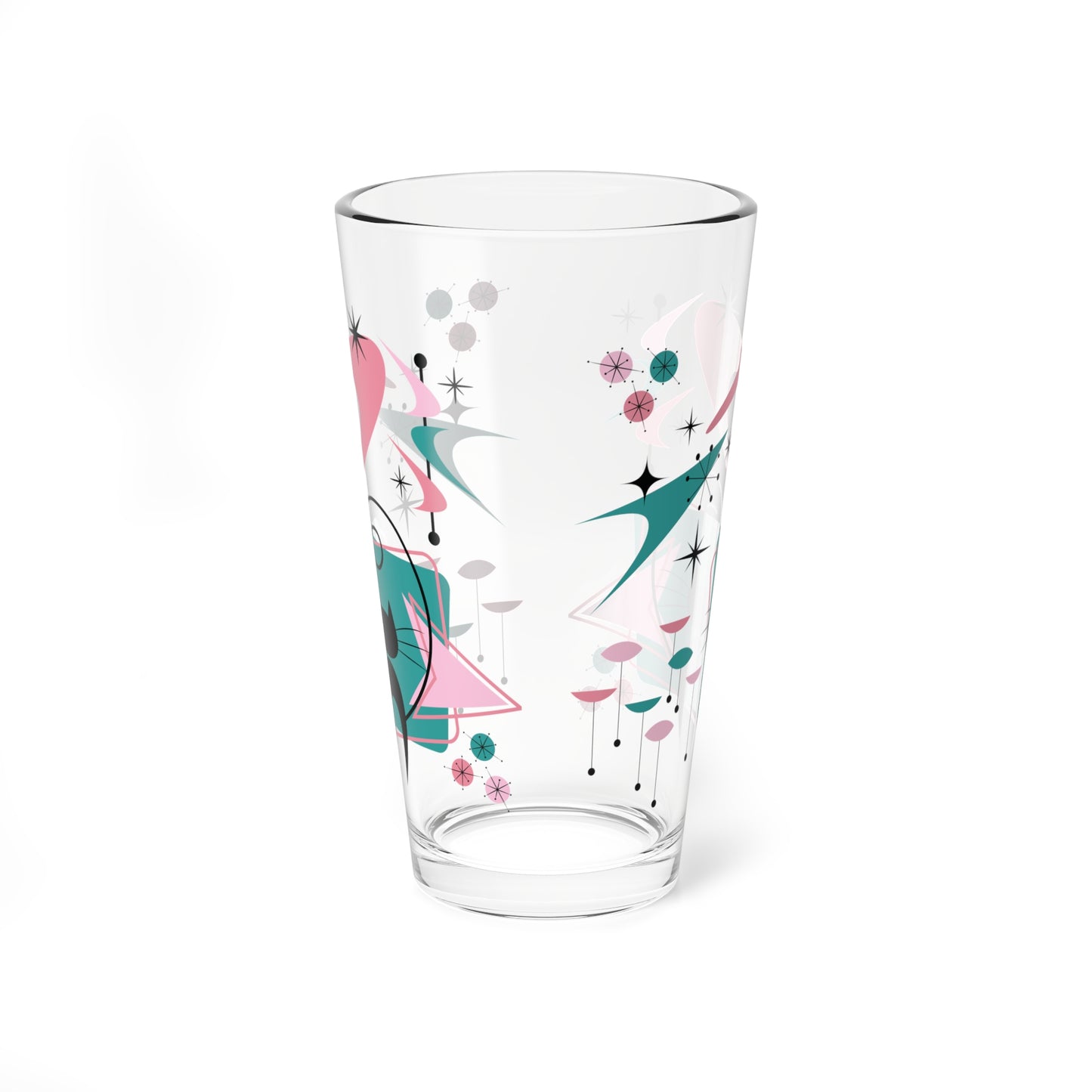 Retro 50s Atomic Black Cat, Boomerang & Starburst MCM Pink & Teal Green 16 oz Pint Glass