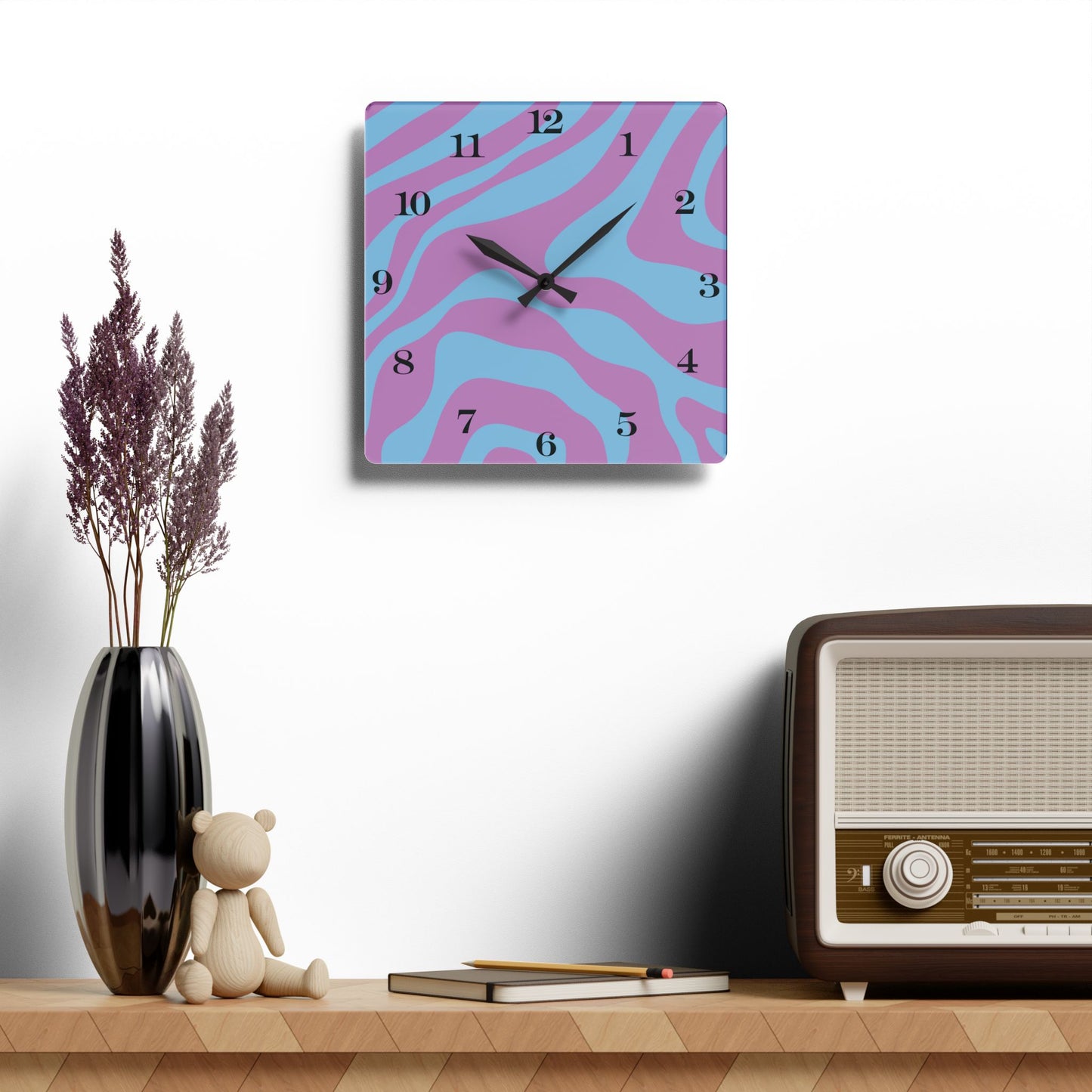 Retro Y2K Psychedelic Groovy Swirl Blue & Purple Mid Century Mod Acrylic Wall Clock