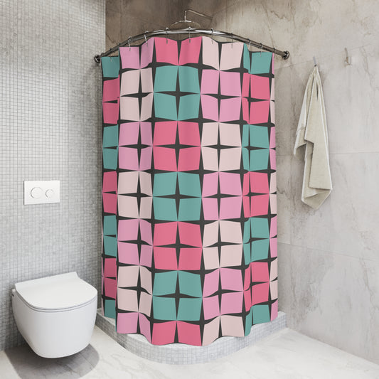 Palm Springs Retro 50s 60s Atomic Star Mid Century Mod Pink & Turquoise Blue Shower Curtain