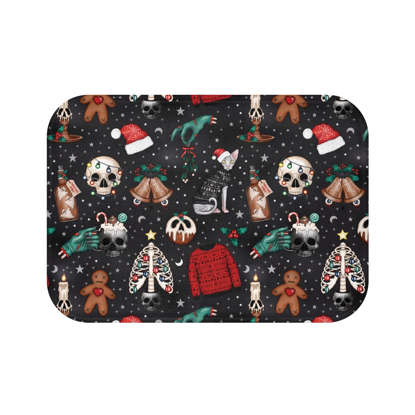 Kitschy Kawaii Goth Christmas, Creepy Cute Whimsigoth Black Creepmas Bath Mat