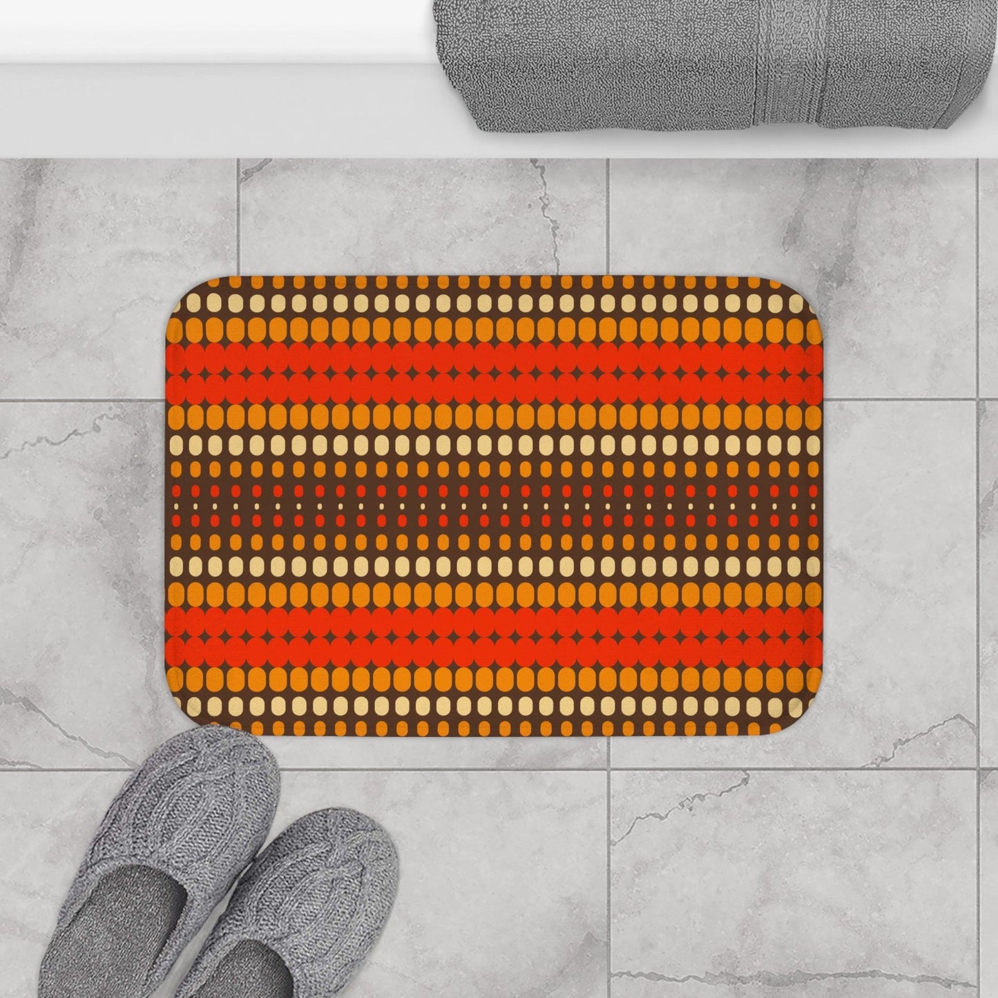 Retro 70s Funky Mid Century Modern Orange and Brown Bath Mat | lovevisionkarma.com