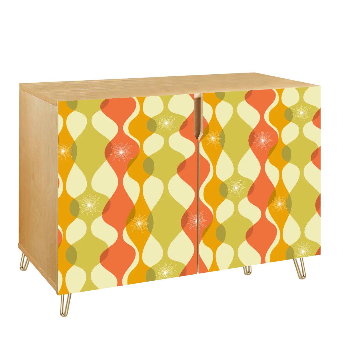 Retro 60s 70s Mid Century Mod Groovy Abstract Green, Orange & Mustard Credenza, Sideboard, Wooden Storage Cabinet