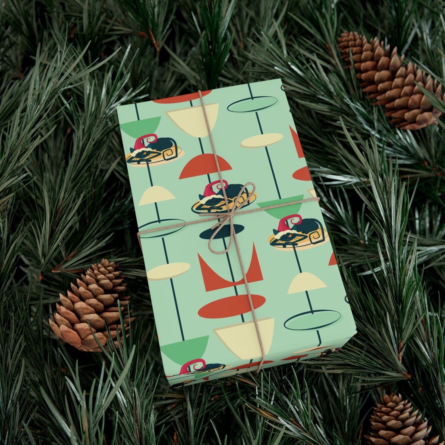 Retro 50's Atomic Cat Christmas Kitschy Mid Century Modern Green Eco-Friendly Wrapping Paper