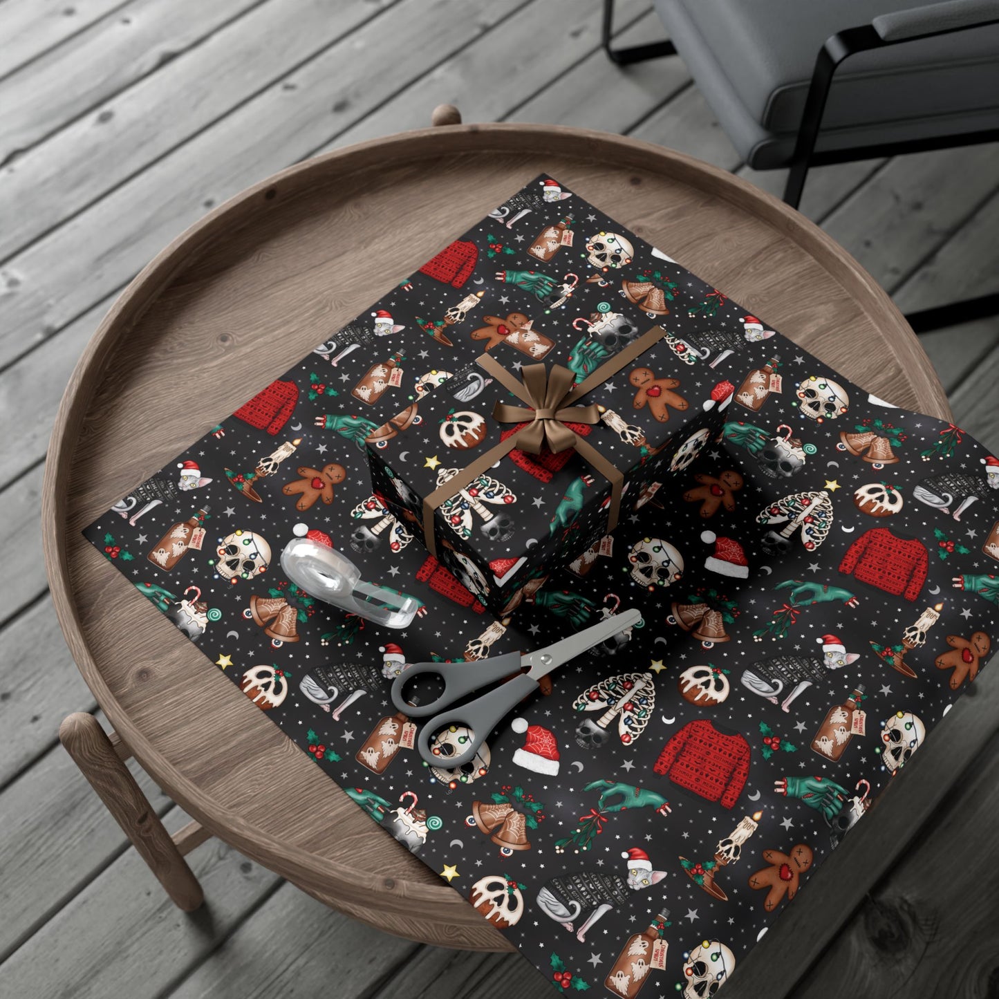 Kitschy Kawaii Goth Christmas, Creepy Cute Whimsigoth Creepmas Black Eco-Friendly Gift Wrap Paper