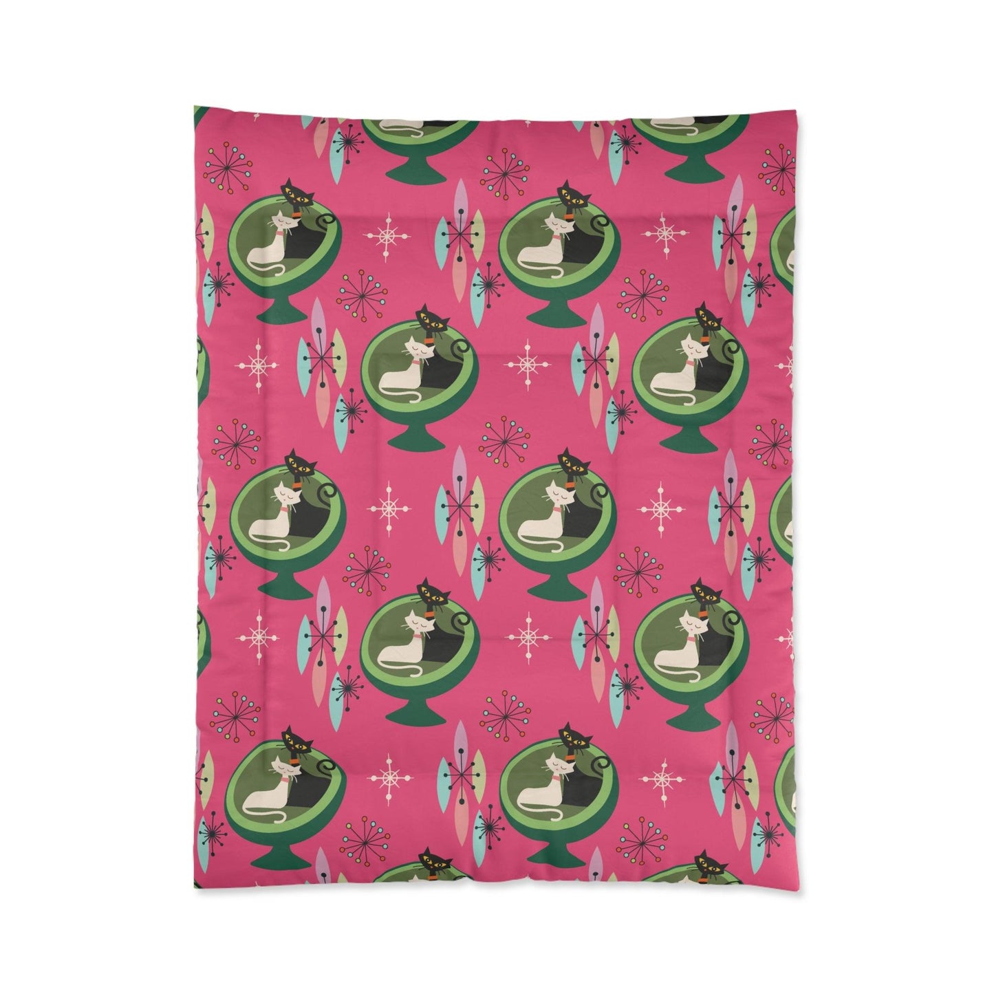 Retro 50s Atomic Cat Couple in Ball Chair Mid Century Mod Pink & Green Comforter | lovevisionkarma.com