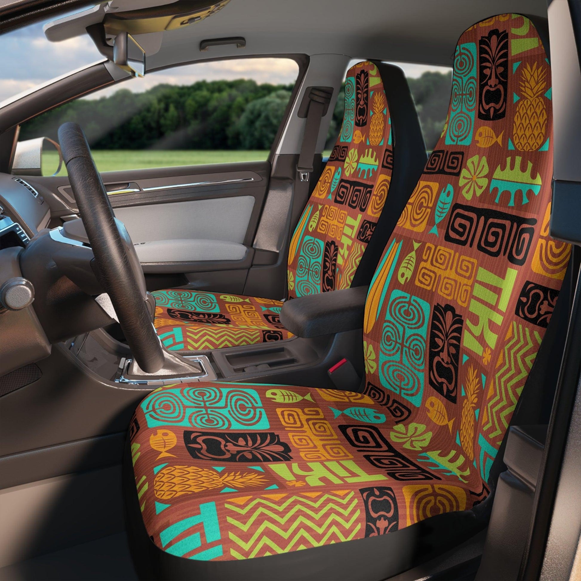 Retro Tiki 60's MCM Brown, Green and Blue Car Seat Covers | lovevisionkarma.com