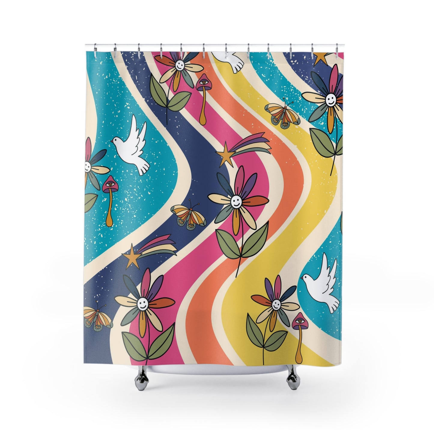 Groovy Hippie Flowers and Boho Mushrooms Multicolor Shower Curtain