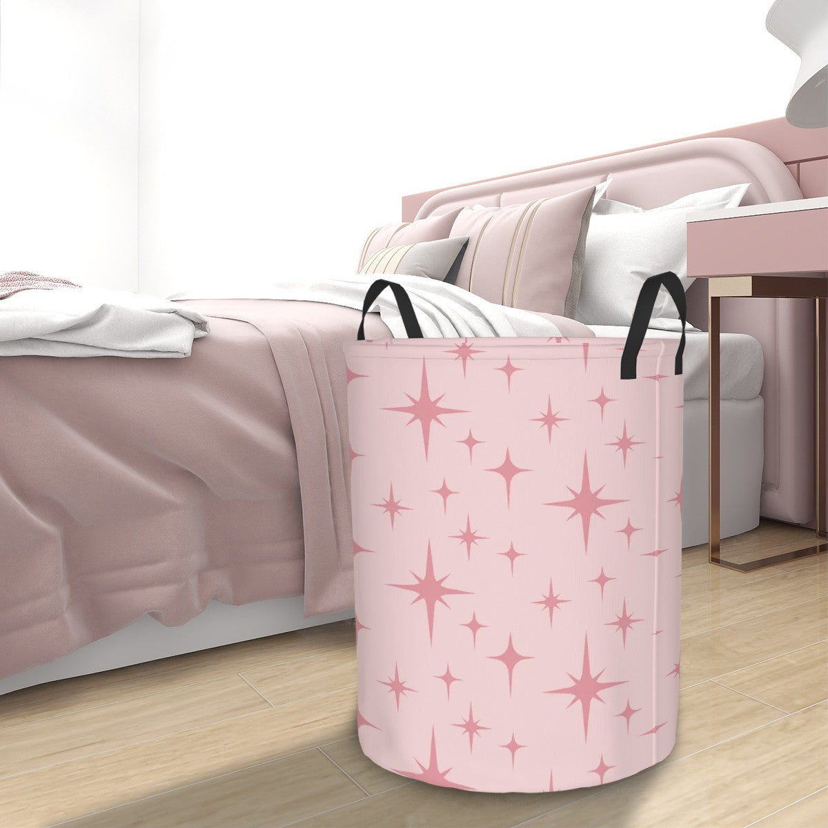Retro 50s Atomic Starburst Pink Mid Century Modern Round Laundry Hamper