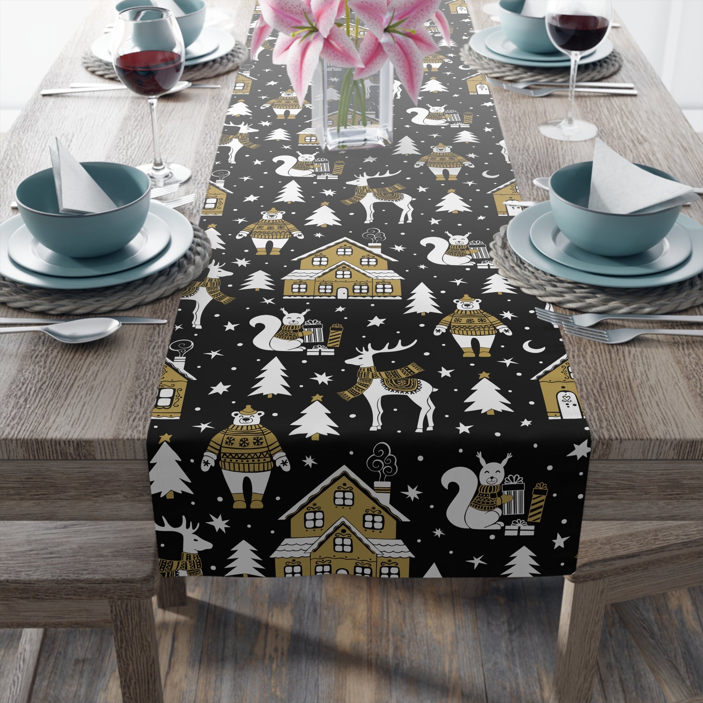 Nordic Christmas Scene MCM Scandi Black, White and Beige Holiday Table Runner