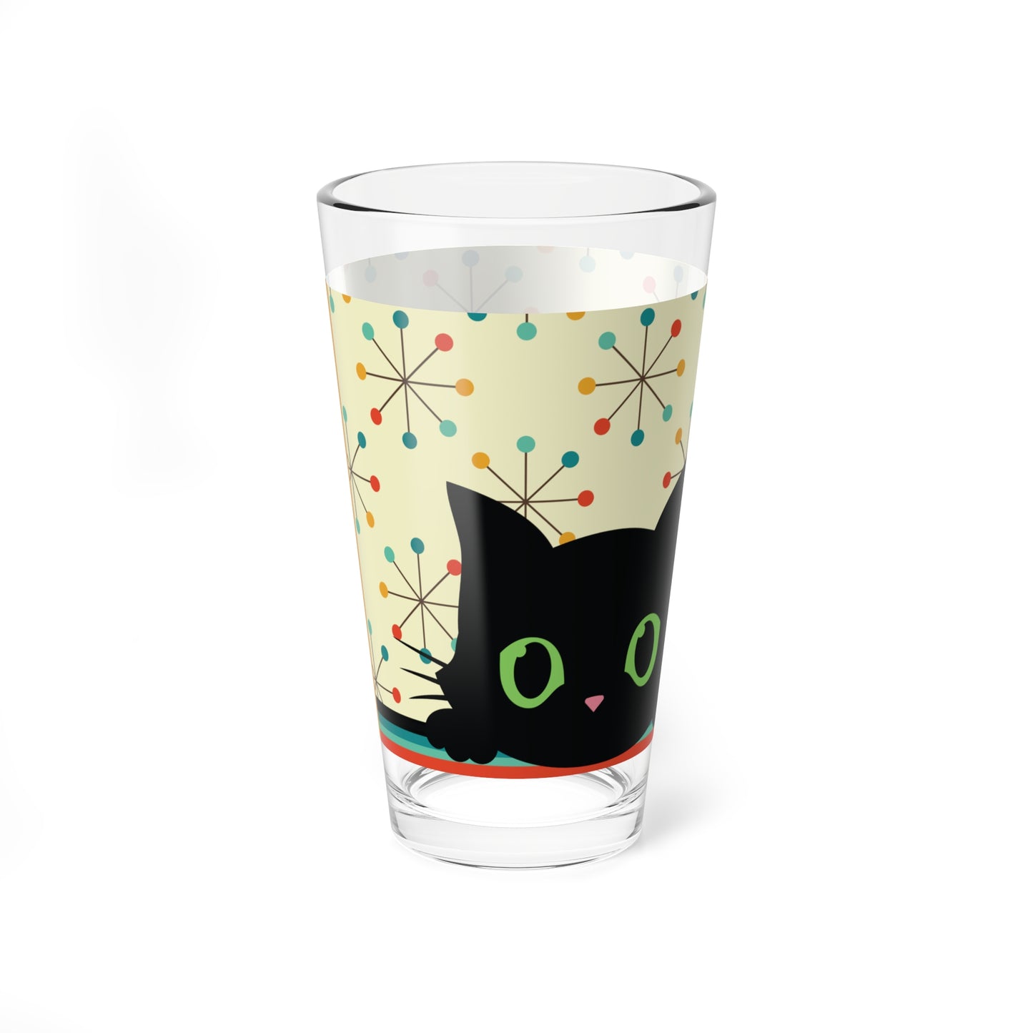 Retro 50s Atomic Black Cat and Starbursts Mid Century Mod Multicolor Pint Glass