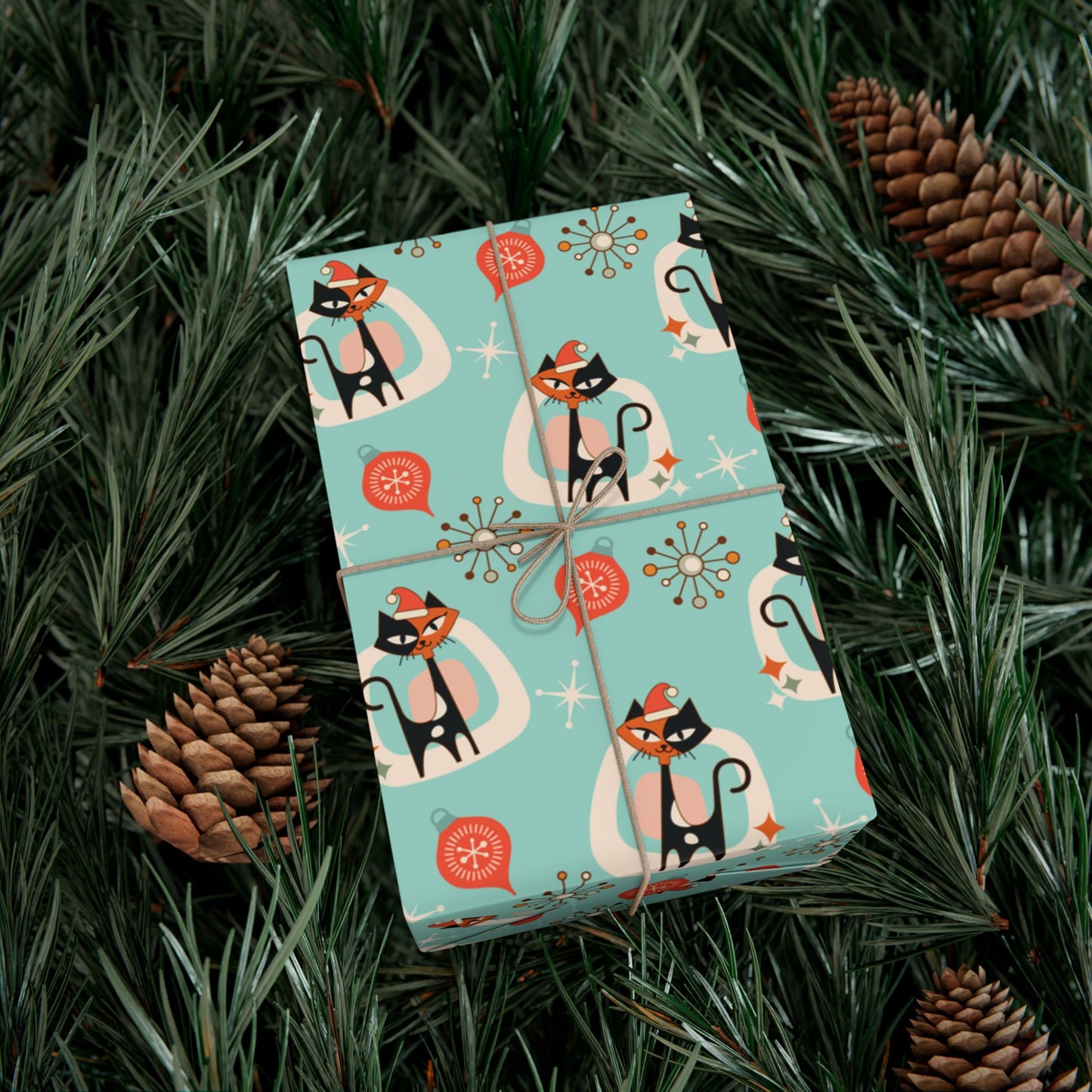 Retro 50's Atomic Cat & Starbursts Kitschy Christmas Mid Century Modern Blue Eco-Friendly Wrapping Paper