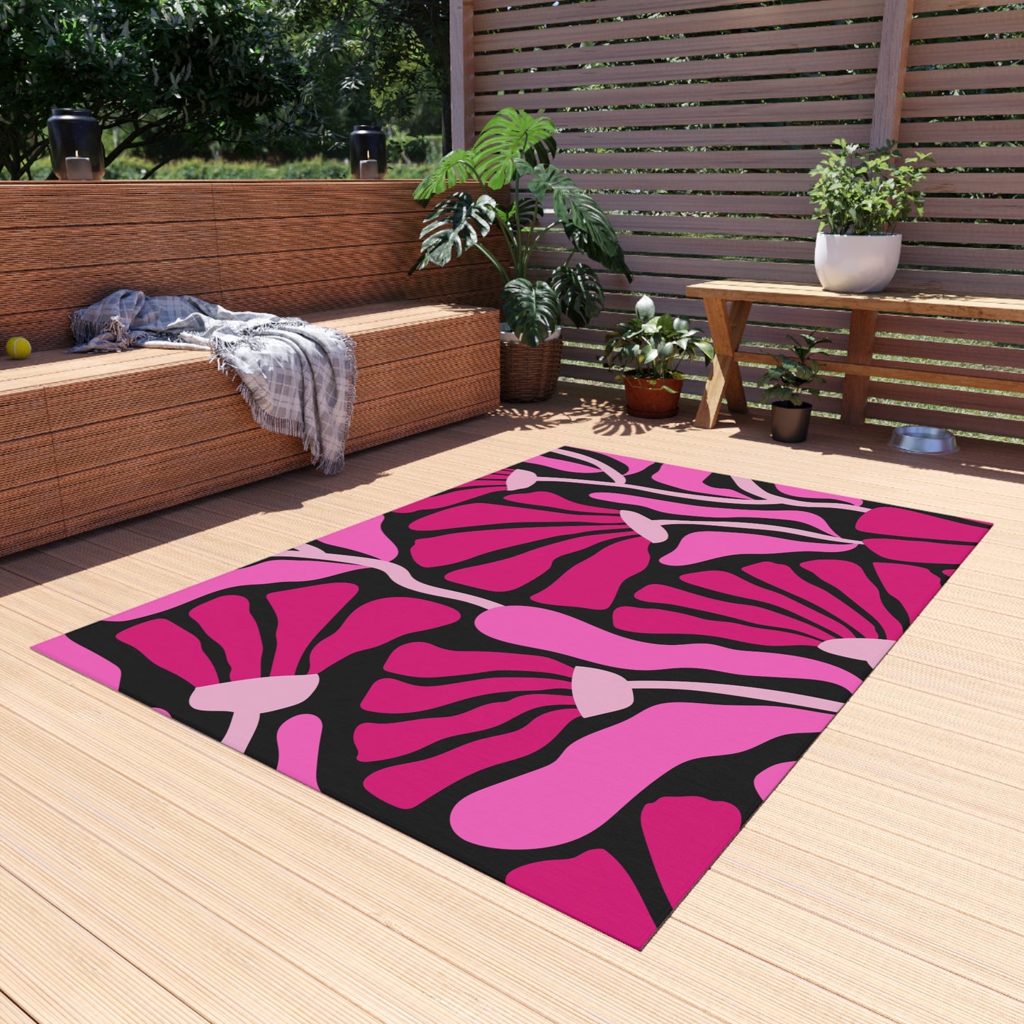 Groovy Abstract Pink Minimalist Retro Mod Flowers Indoor/Outdoor Accent Rug