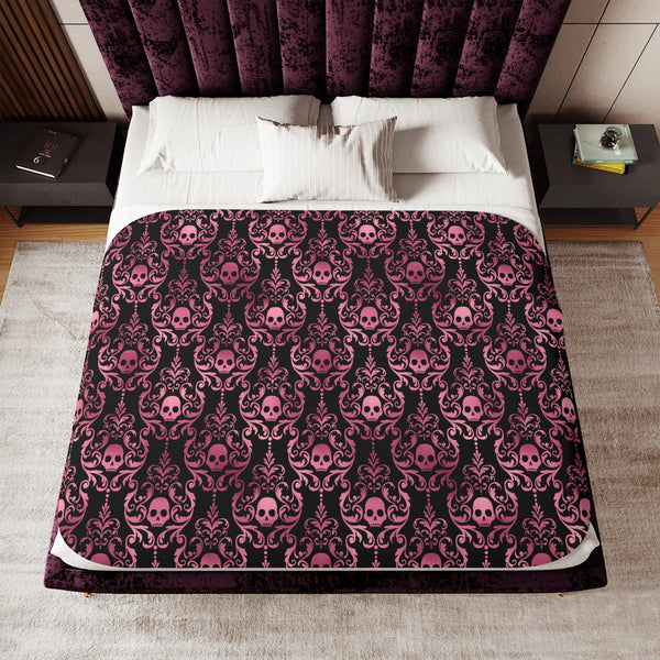 Goth Pink Skull Damask Halloween Glam Goth Black Sherpa Blanket