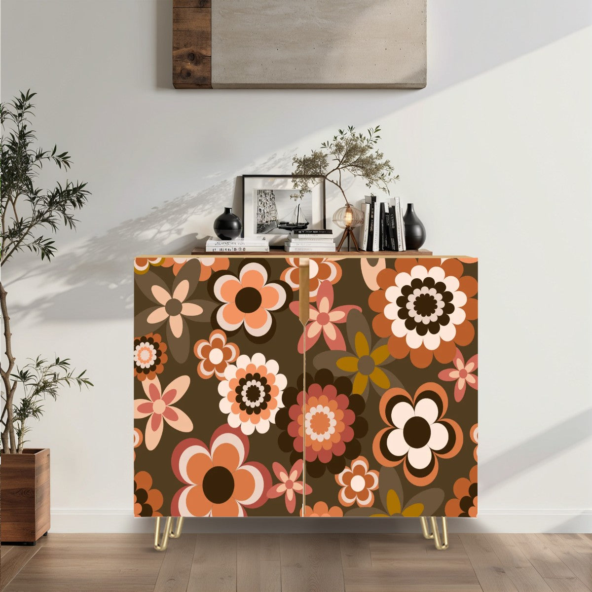 Retro 60s 70s Groovy Brown Flowers Boho Mid Century Modern Credenza, Sideboard, Wooden Storage Cabinet