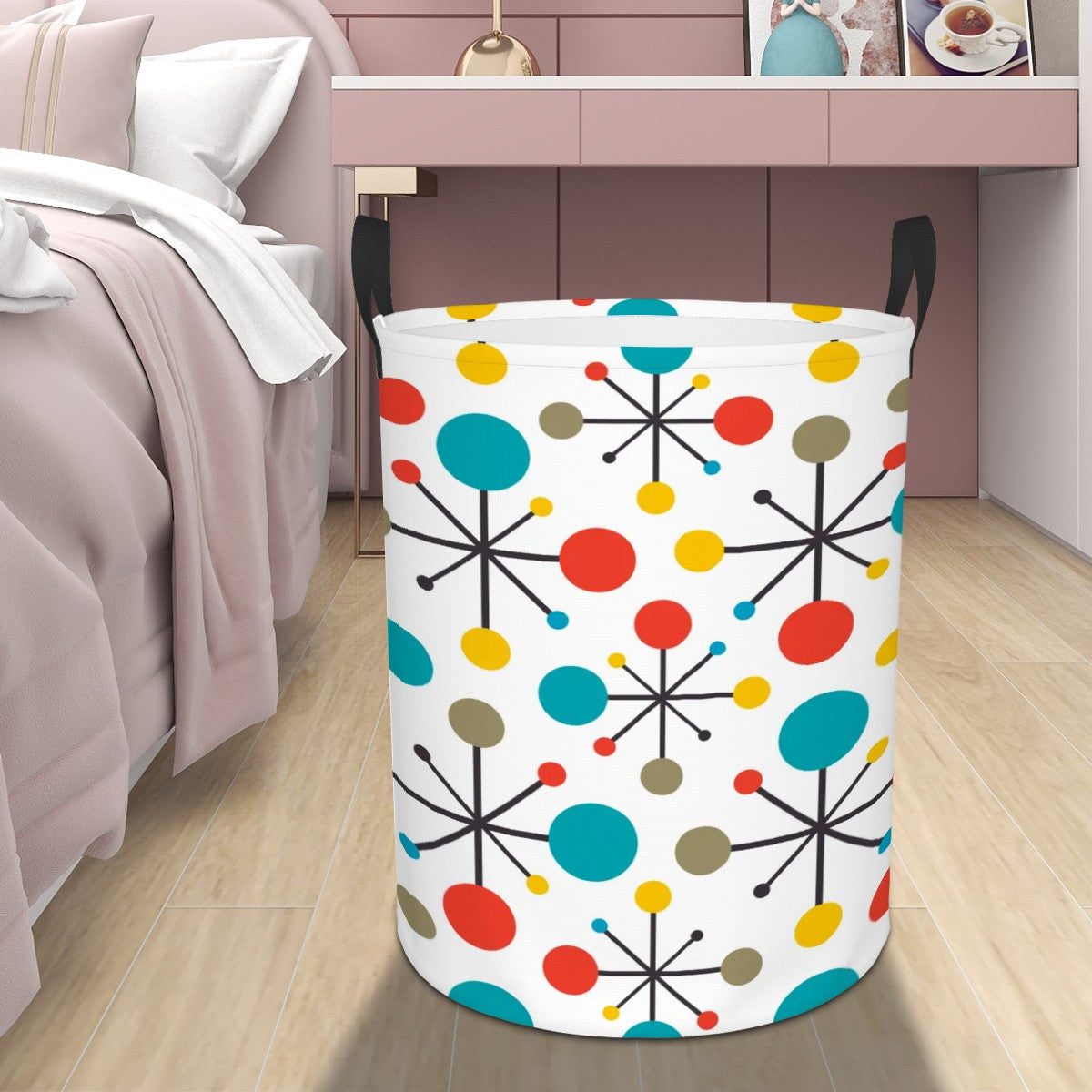 Retro 50s Atomic Burst Mid Century Mod Colorful  Round Laundry Hamper