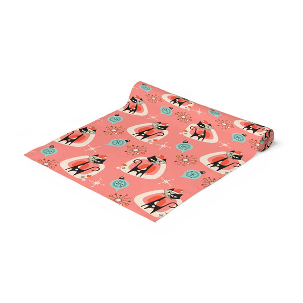Retro Atomic 1950s Christmas Cats Mid Century Coral Pink Christmas Table Runner