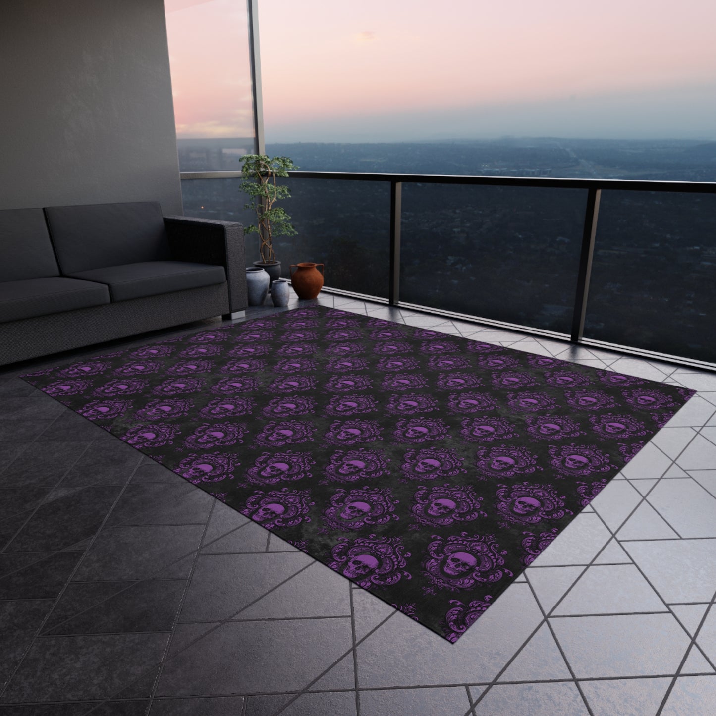 Gothic Purple Skulls, Victorian Glam Goth, Dark Academia Anti-Slip Indoor/Outdoor Accent Rug