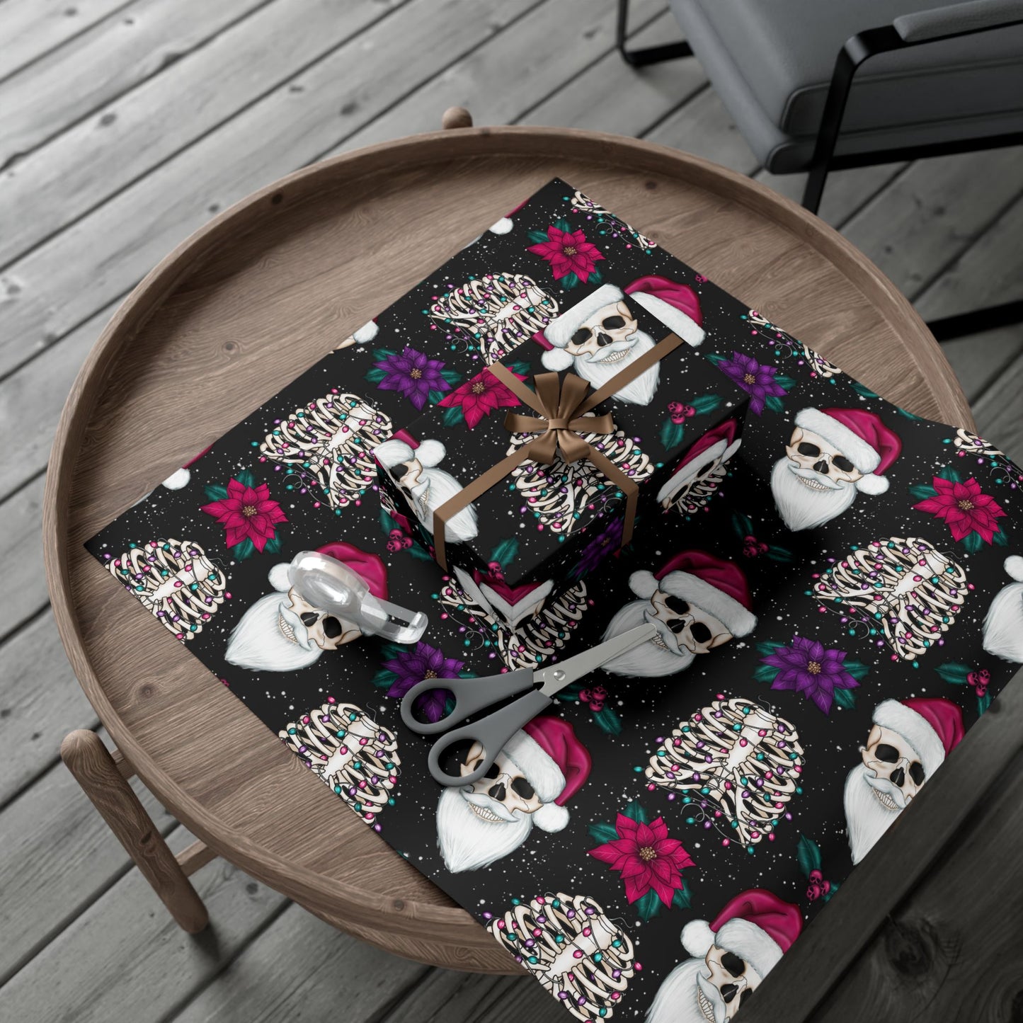 Santa Skull Goth Christmas Eco-Friendly Black Wrapping Paper, Kitschy Creepmas Whimsigoth