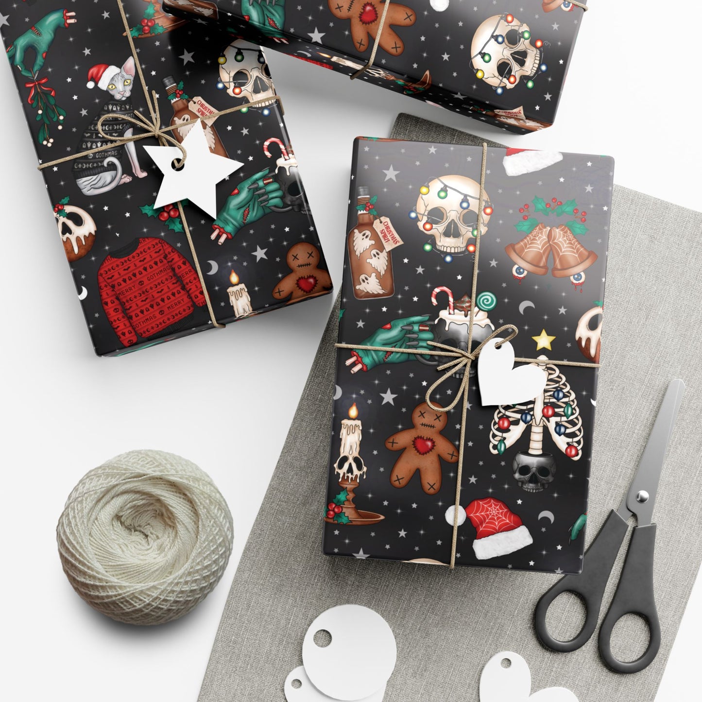 Kitschy Kawaii Goth Christmas, Creepy Cute Whimsigoth Creepmas Black Eco-Friendly Gift Wrap Paper