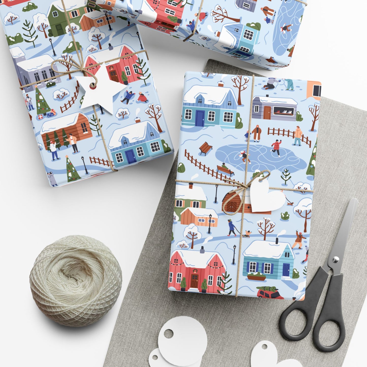 Small Town Christmas Village, Retro Vintage Winter Scene, Multicolor Eco-Friendly Gift Wrap