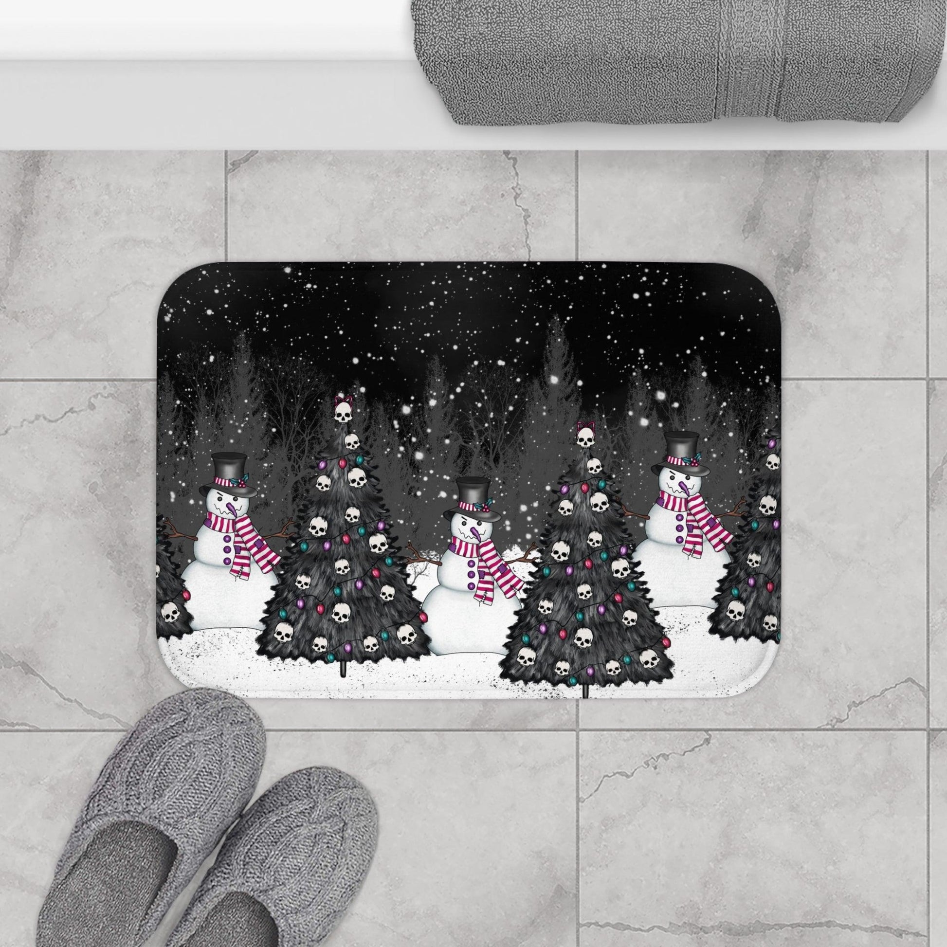 Creepy Snowmen Goth Christmas Tree Farm, Black Holiday Bath Mat | lovevisionkarma.com