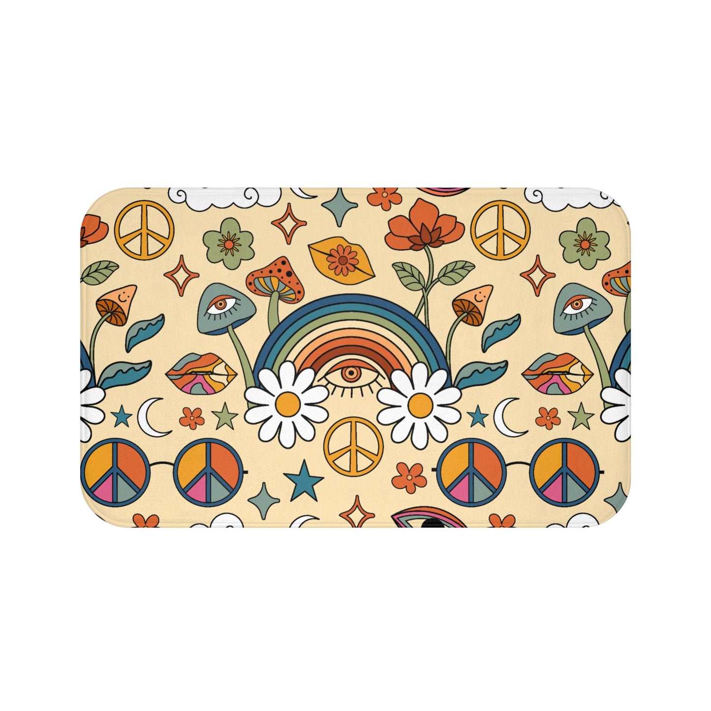 Groovy 60's, 70's Boho Rainbow and Trippy Mushrooms Multicolor Bath Mat