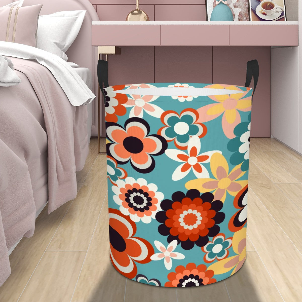 Retro 60s 70s Groovy Flowers Boho Blue, Coral and Yellow MCM Round Laundry Hamper