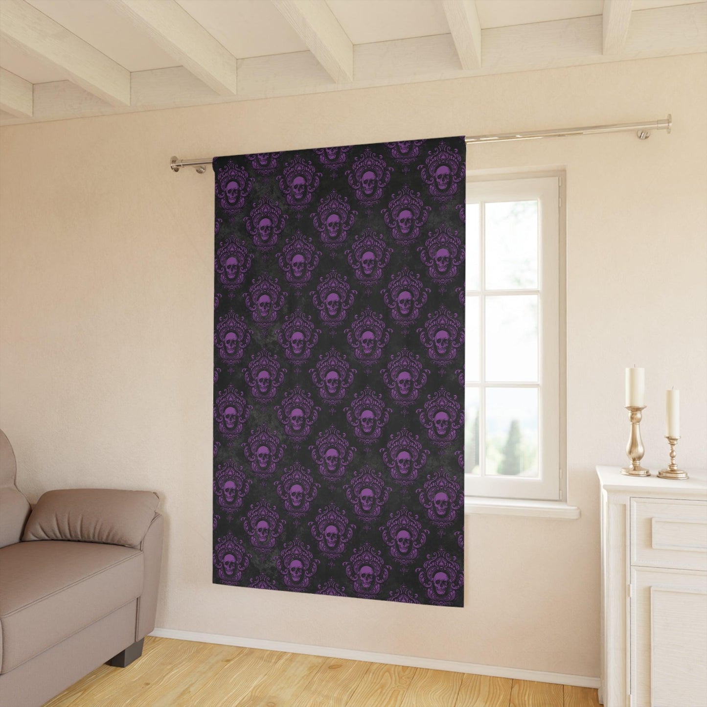 Gothic Skulls Dark Academia Black & Purple Blackout Window Curtain Panel | lovevisionkarma.com