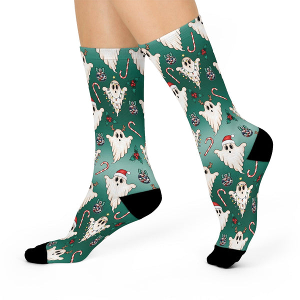 Cute Christmas Ghost Whimsigoth Green Gothmas Cushioned Crew Socks | lovevisionkarma.com