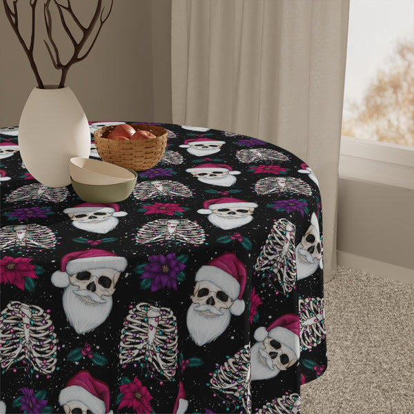 Santa Skull Goth Christmas, Kitschy Creepmas Black Whimsigoth Tablecloth