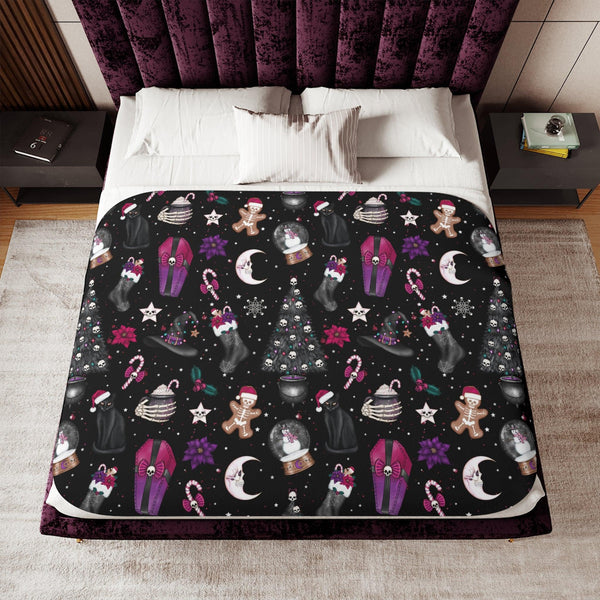 Goth Christmas Sherpa Blanket, Black Creepmas Decor, Kawaii Goth