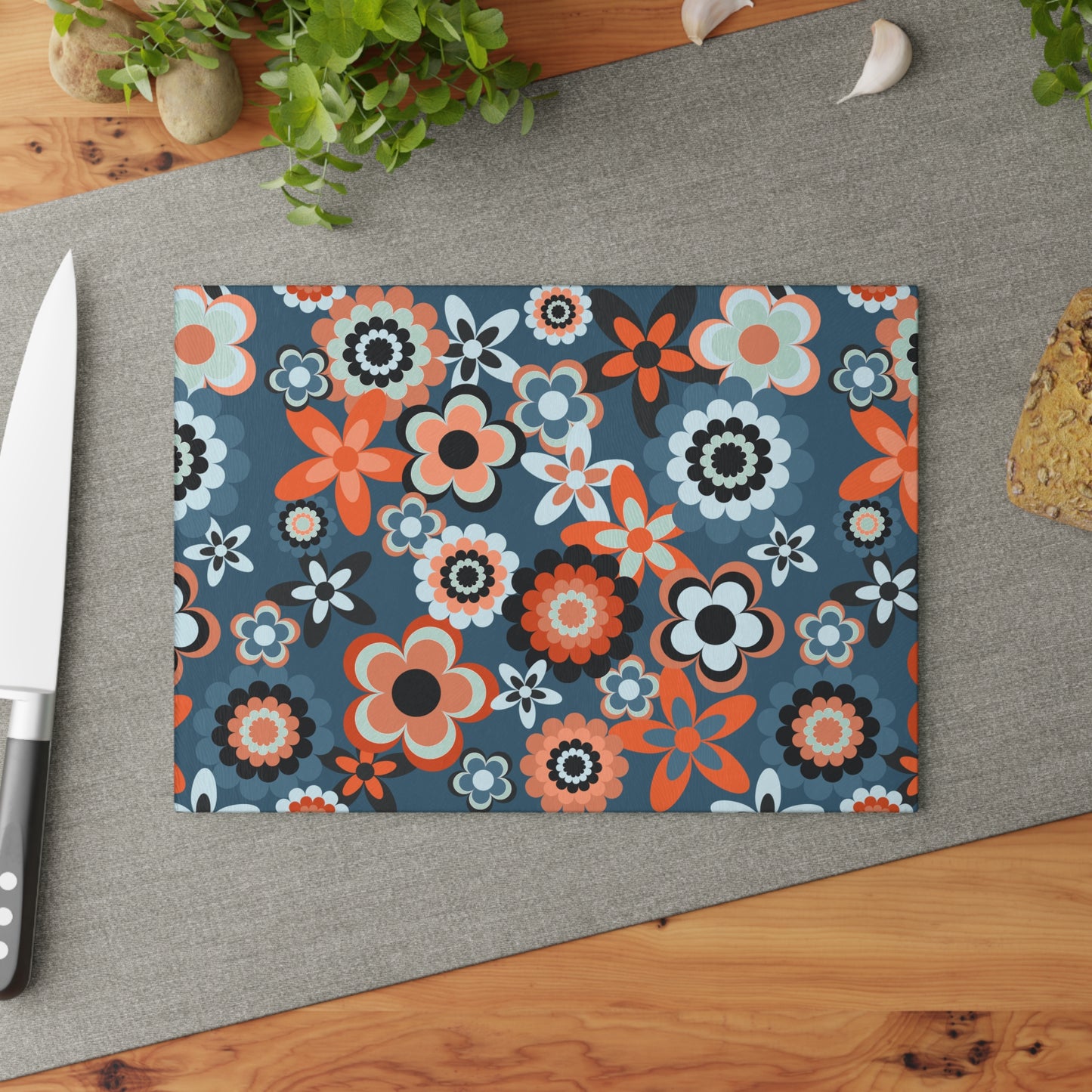 Retro 60s 70s Groovy Flowers Boho MCM Coral & Blue Glass Cutting Board