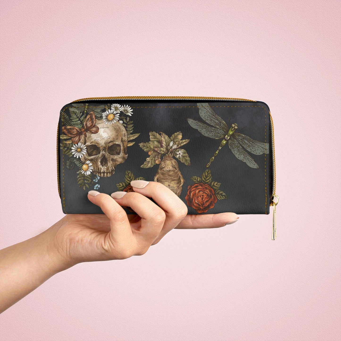 Dragonfly, Mandrake and Skull Mystical Zipper Wallet | lovevisionkarma.com