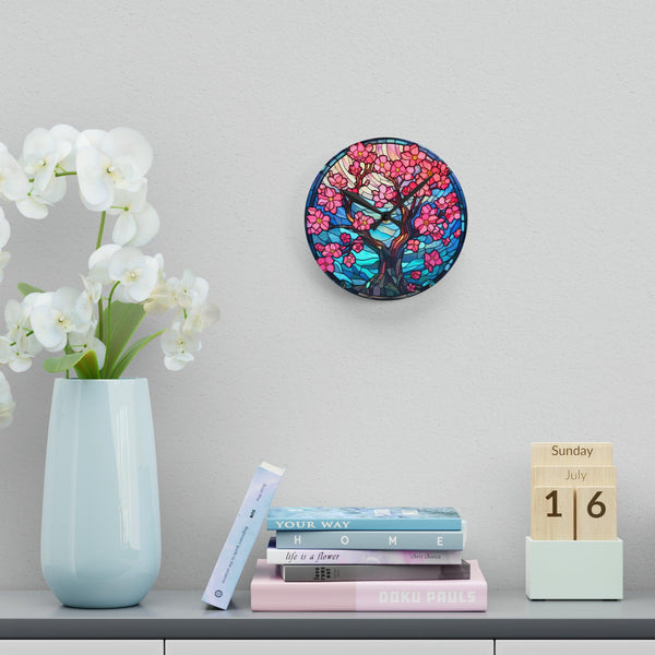 Cherry Blossom Tree Stained Glass Inspired, Sakura Pink & Blue Acrylic Wall Clock | lovevisionkarma.com