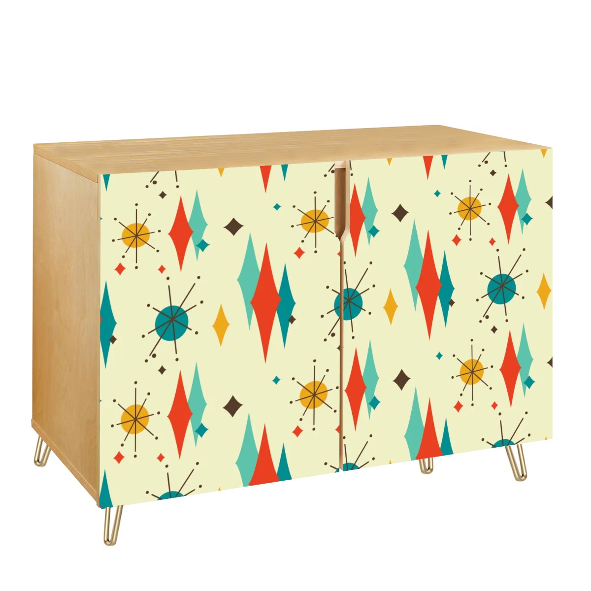 Retro 1950's Atomic Diamond and Starburst Mid Century Modern Colorful Credenza, Sideboard, Wooden Storage Cabinet
