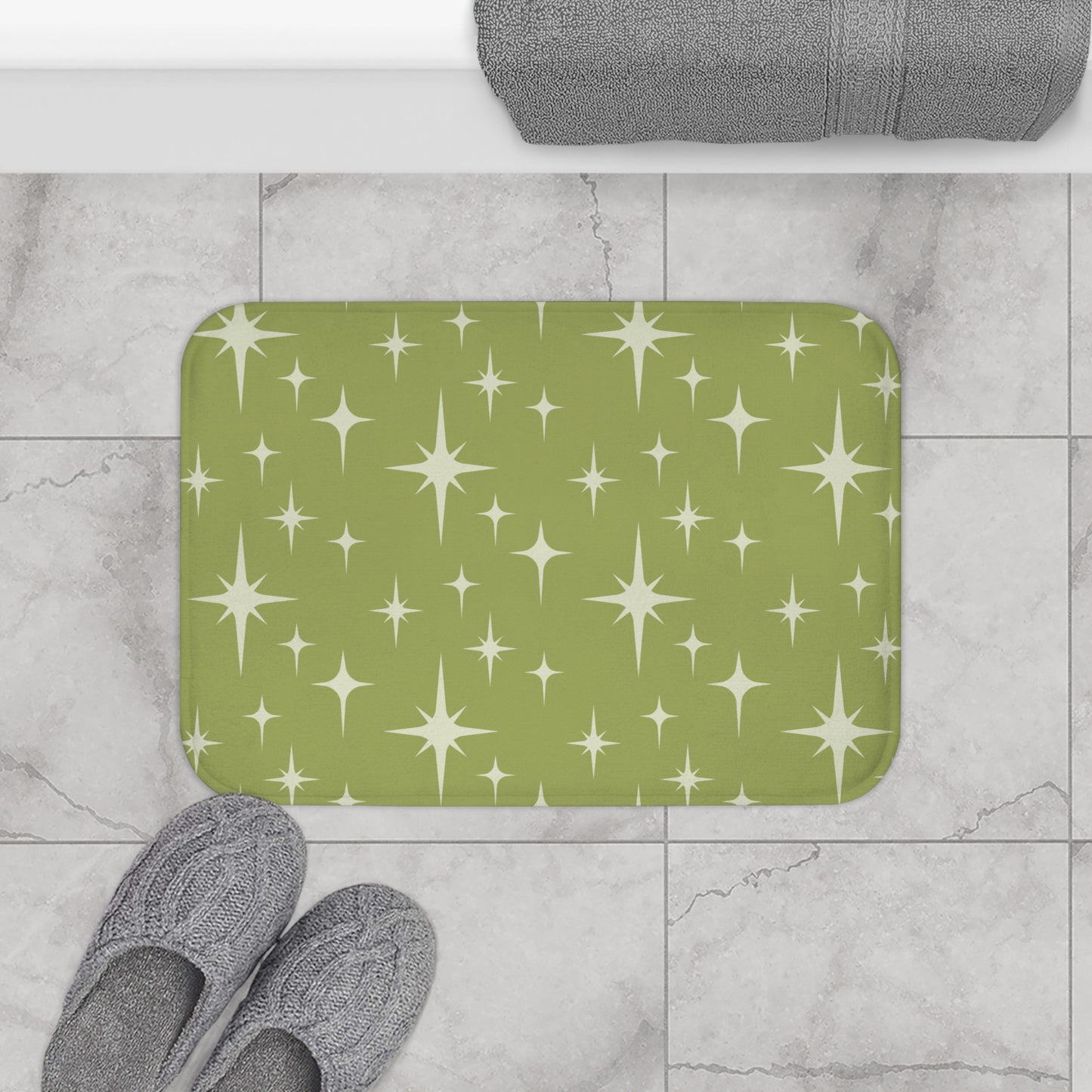 Retro Atomic Starburst 1950s Mid Century Chartreuse Green Bath Mat