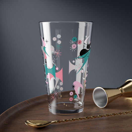 Retro 50s Atomic Black Cat, Boomerang & Starburst MCM Pink & Teal-Green 16 oz Pint Glass