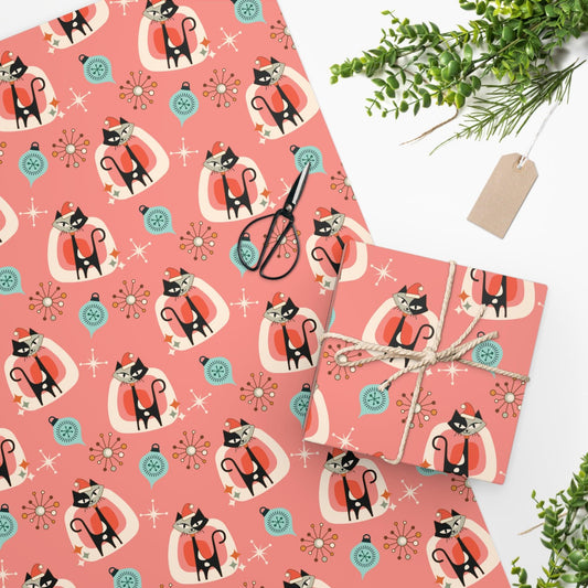 Retro Atomic Cats Mid Century Mod 1950s Christmas Pink Coral Wrapping Paper | lovevisionkarma.com