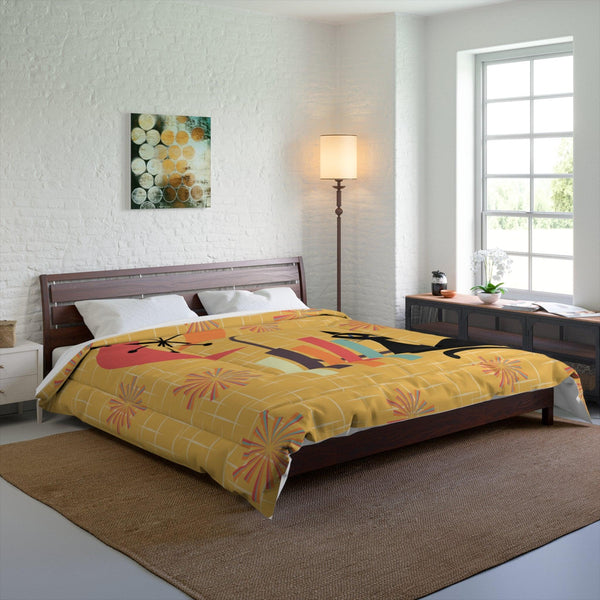 Atomic Cat Mid Century Mod Starburst Retro Yellow Comforter