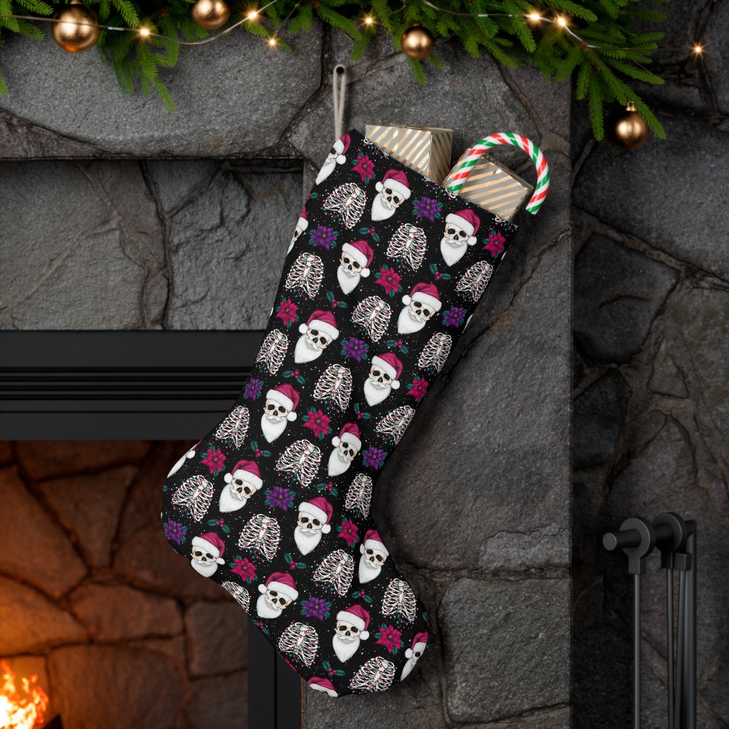 Skull Santa Goth Christmas Stocking, Creepy Scary Black Creepmas Holiday Decor